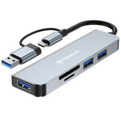 Hub USB, Type-C la 3x USB, SD/TF Card Techsuit H7, gri