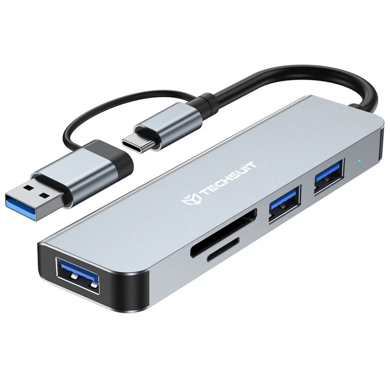 Hub USB, Type-C la 3x USB, SD/TF Card Techsuit H7, gri