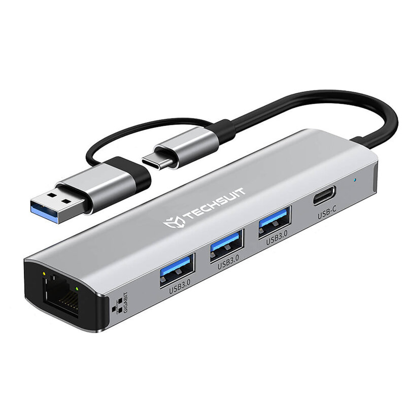 Hub USB 3.0, USB-C la 3x USB, Type-C, Ethernet RJ45 1000Mbps, Techsuit H3