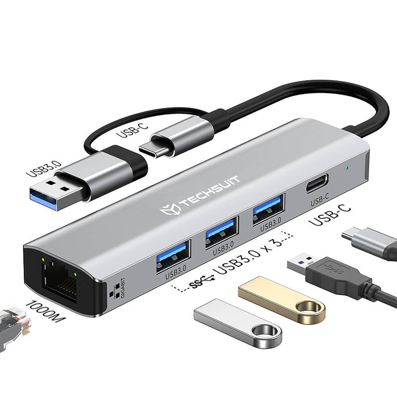 Hub USB 3.0, USB-C la 3x USB, Type-C, Ethernet RJ45 1000Mbps, Techsuit H3