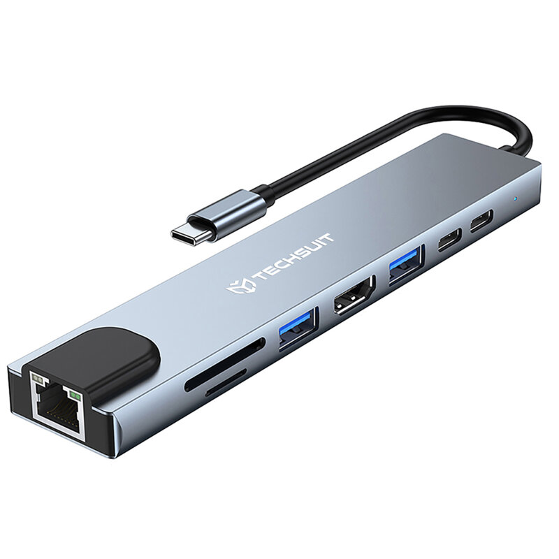 Hub Type-C la 2x Type-C, 2x USB, HDMI, RJ45, TF/SD, PD87W Techsuit H2