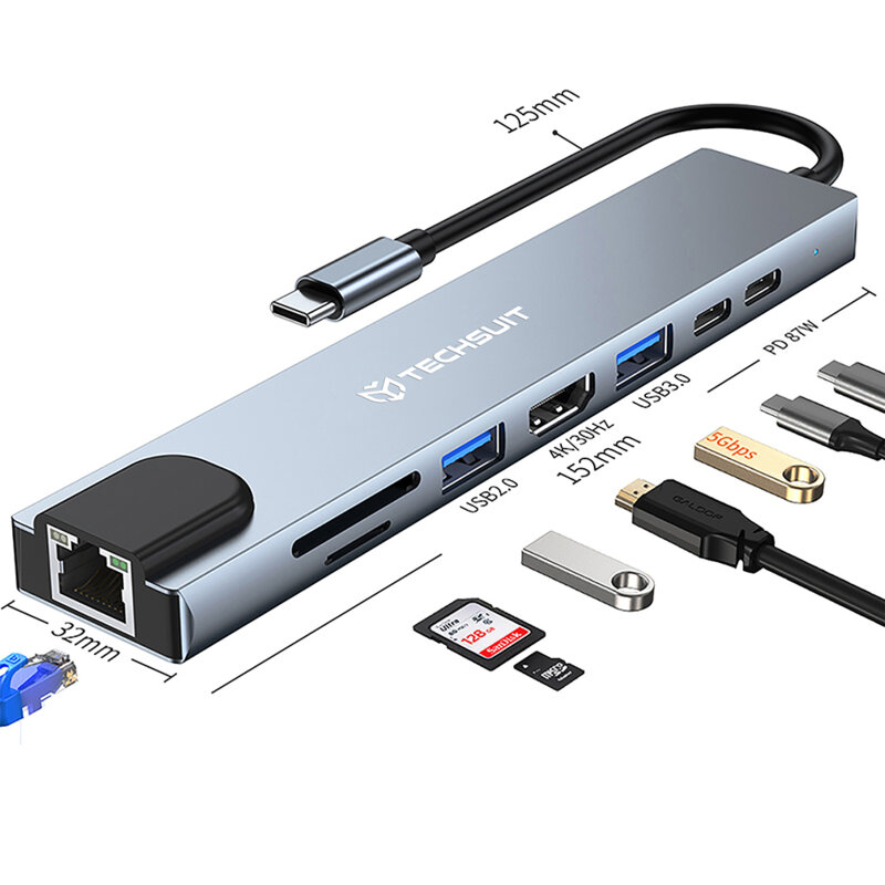 Hub Type-C la 2x Type-C, 2x USB, HDMI, RJ45, TF/SD, PD87W Techsuit H2