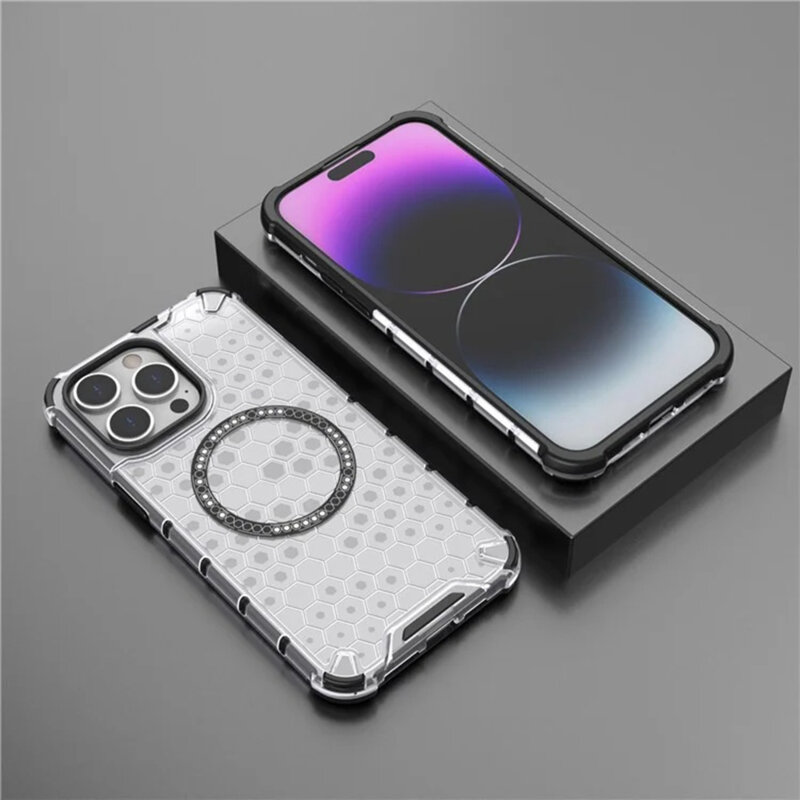 Husa transparenta iPhone 14 Pro Techsuit HoneyComb Shield MagSafe, alb