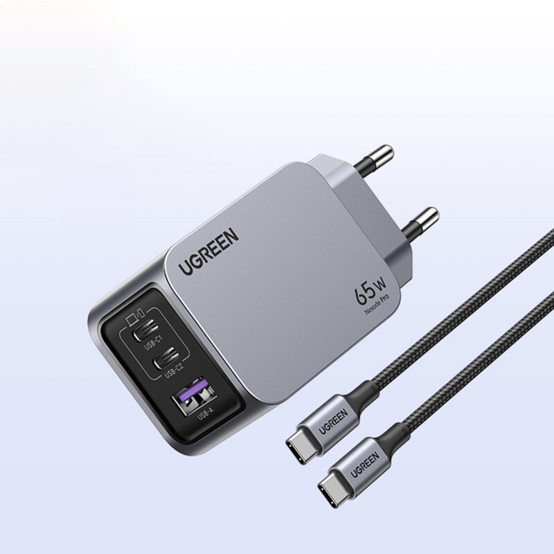 Incarcator USB, 2x Type-C Fast Charge + cablu Ugreen, 65W, gri, 25871