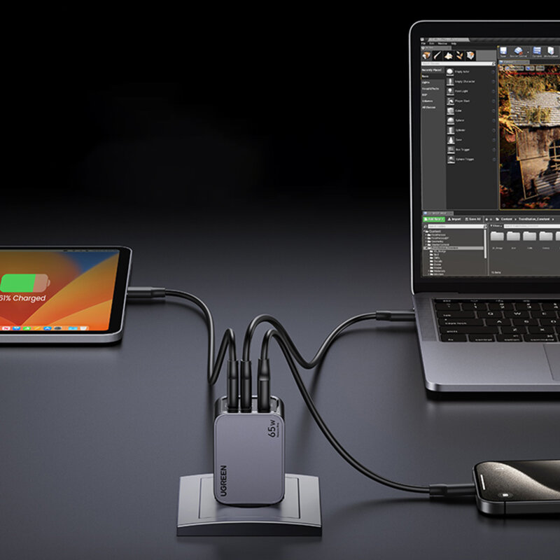 Incarcator USB, 2x Type-C Fast Charge + cablu Ugreen, 65W, gri, 25871