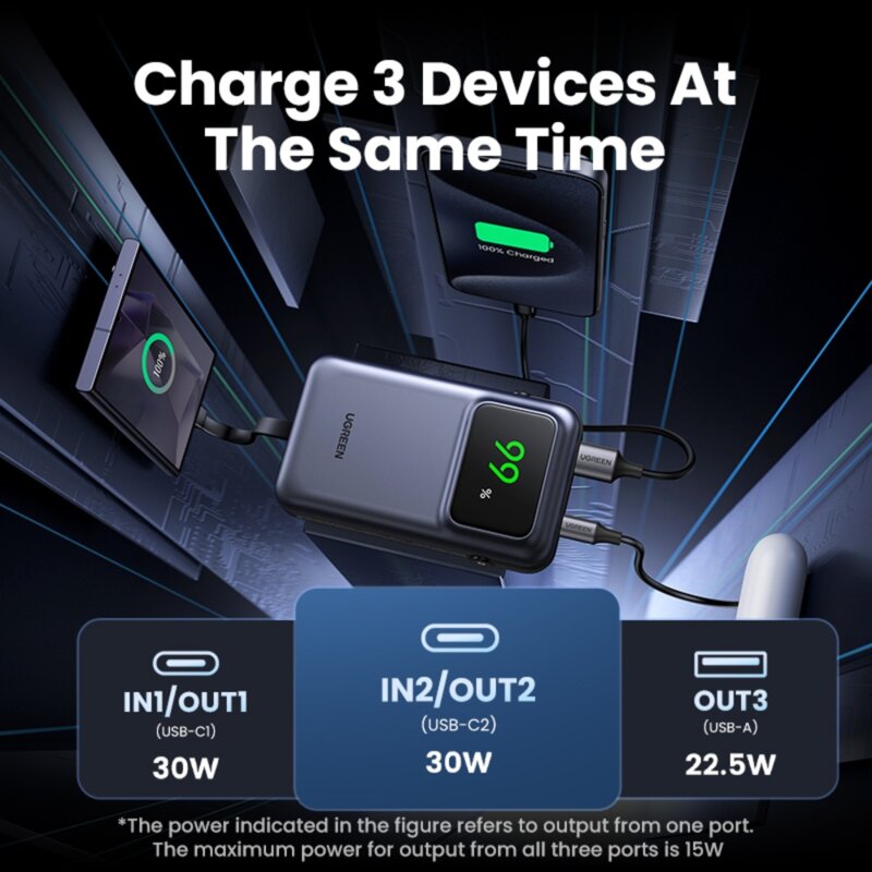 Baterie externa USB cu cablu Type-C 30W, Ugreen, gri, 35603B