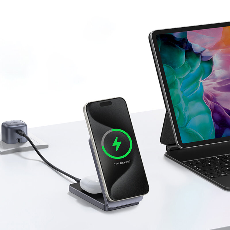 Incarcator wireless magnetic 2in1 Ugreen, USB-C, 20W, gri, 45023