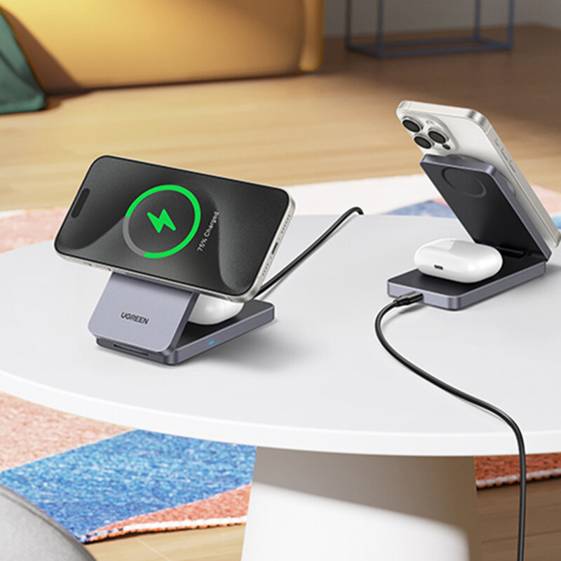 Incarcator wireless magnetic 2in1 Ugreen, USB-C, 20W, gri, 45023