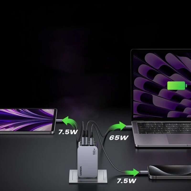 Incarcator priza GaN USB, Type-C cu cablu Ugreen, 100W, gri, 25874