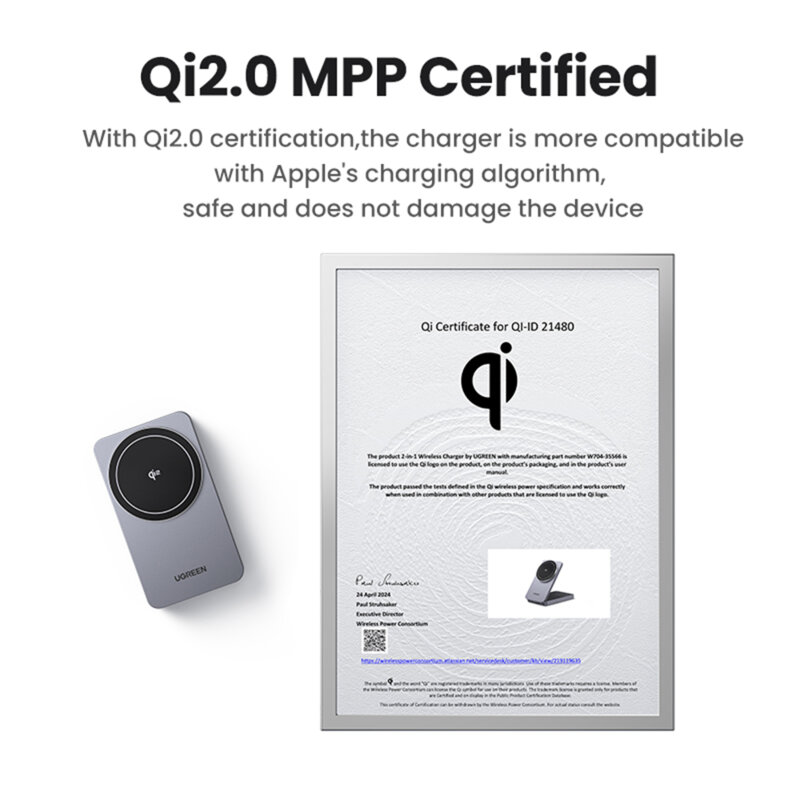 Incarcator wireless magnetic 2in1 Ugreen, USB-C, 20W, alb, 45057