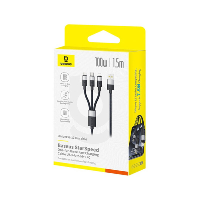 Cablu USB 3in1 Baseus, 100W, 1.5m, alb, P10319900211-00