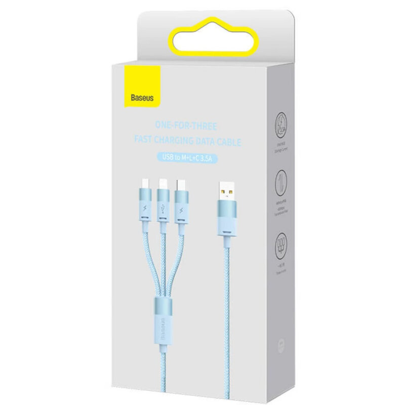 Cablu de date USB 3in1 Baseus, 20W, 1.2m, bleu, CAXS000017