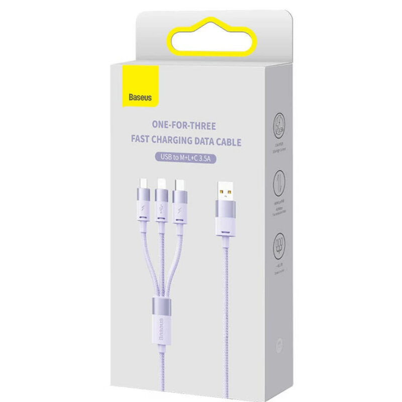 Cablu de date USB 3in1 Baseus, 20W, 1.2m, mov, CAXS000005