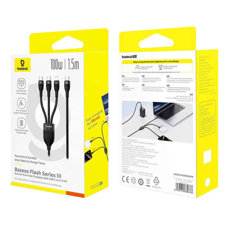 Cablu Type-C 3in1 Baseus 100W, 1.5m, negru, P10377502111-00