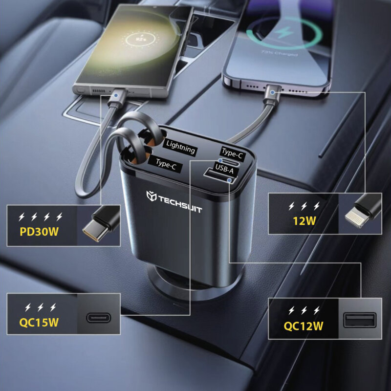 Incarcator auto bricheta cu cablu Type-C, Lightning Techsuit NanoVoltX, C1