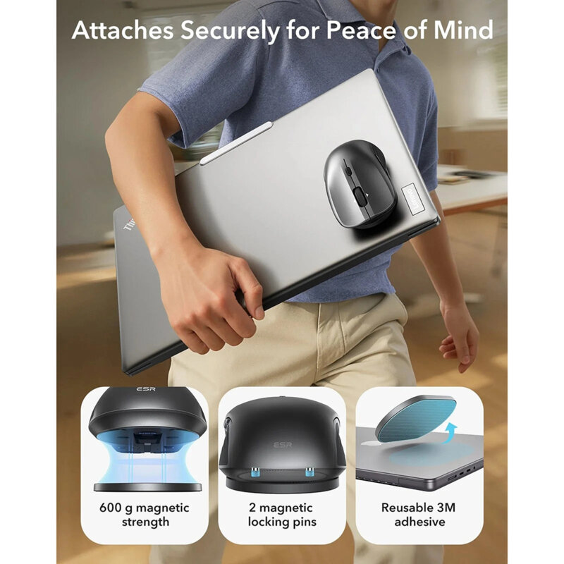 Mouse wireless magnetic pentru laptop ESR, 4800DPI, negru, 6H002