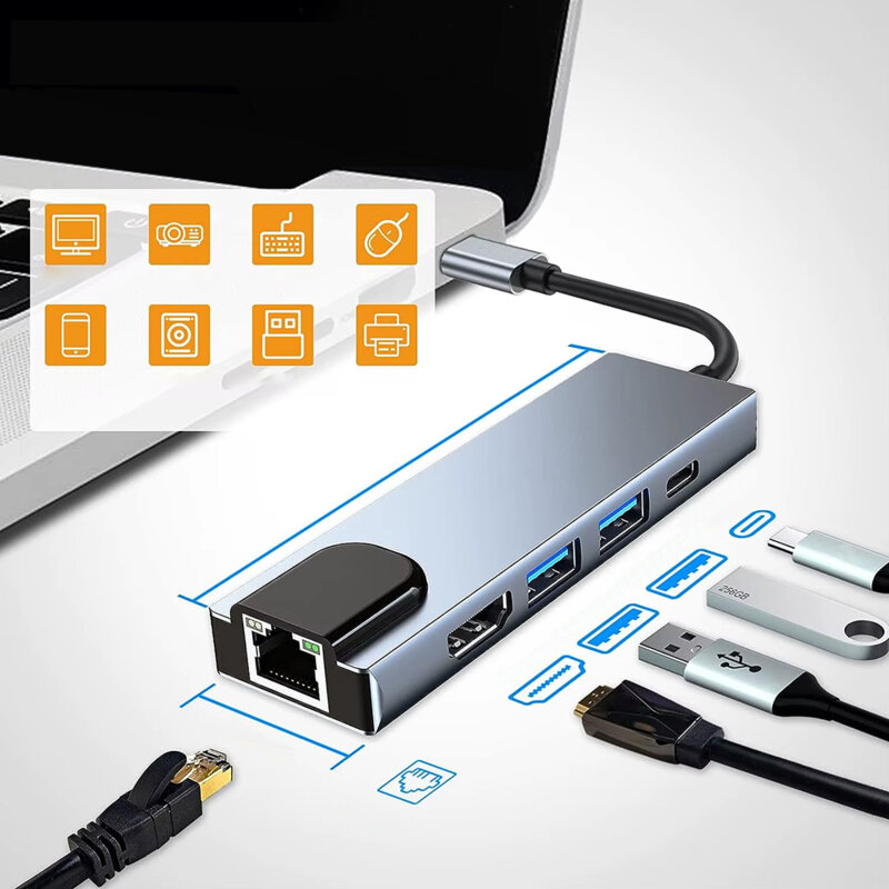 Hub Type-C la 2x USB, 1x Type-C, 1x HDMI, 1x RJ45 Techsuit H1