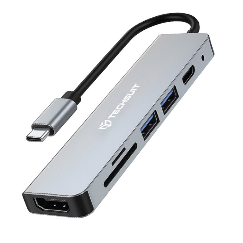 Hub Type-C la 2x USB, Type-C, HDMI 4K, TF/SD, PD87W Techsuit H5