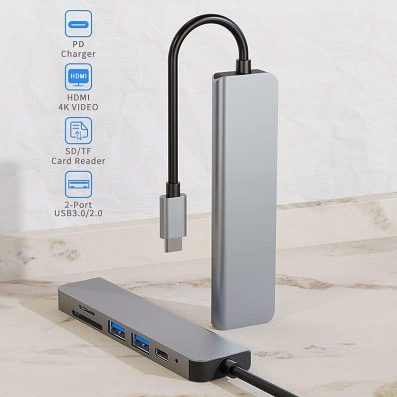 Hub Type-C la 2x USB, Type-C, HDMI 4K, TF/SD, PD87W Techsuit H5