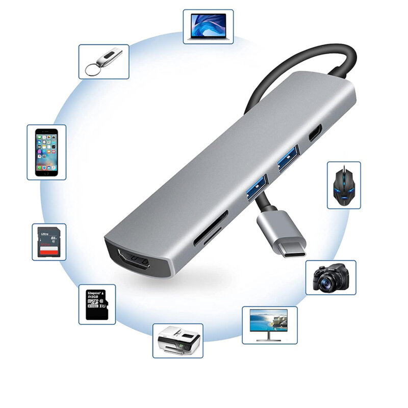 Hub Type-C la 2x USB, Type-C, HDMI 4K, TF/SD, PD100W Techsuit H5