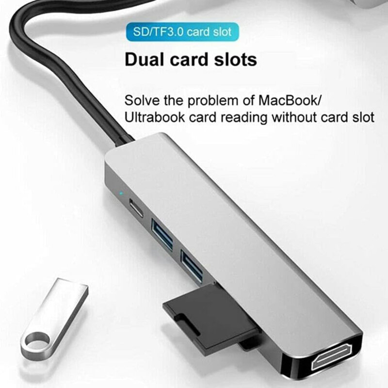 Hub Type-C la 2x USB, Type-C, HDMI 4K, TF/SD, PD100W Techsuit H5