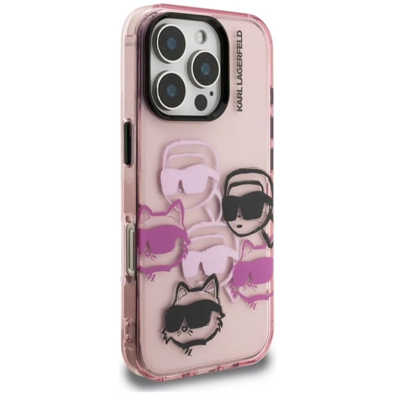 Husa iPhone 16 Pro Max Karl Lagerfeld IML Multi Head Pattern, roz, KLHCP16XHMCHKCP