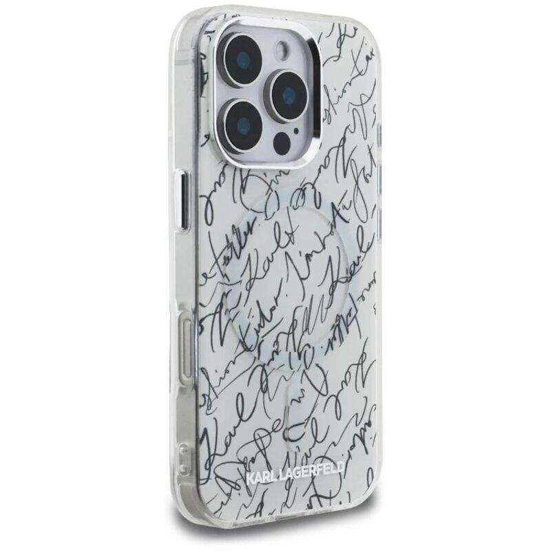 Husa iPhone 16 Pro Karl Lagerfeld IML MagSafe Karl Script Pattern, alb, KLHMP16LHMSPUSH