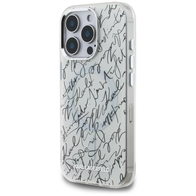 Husa iPhone 16 Pro Karl Lagerfeld IML MagSafe Karl Script Pattern, alb, KLHMP16LHMSPUSH