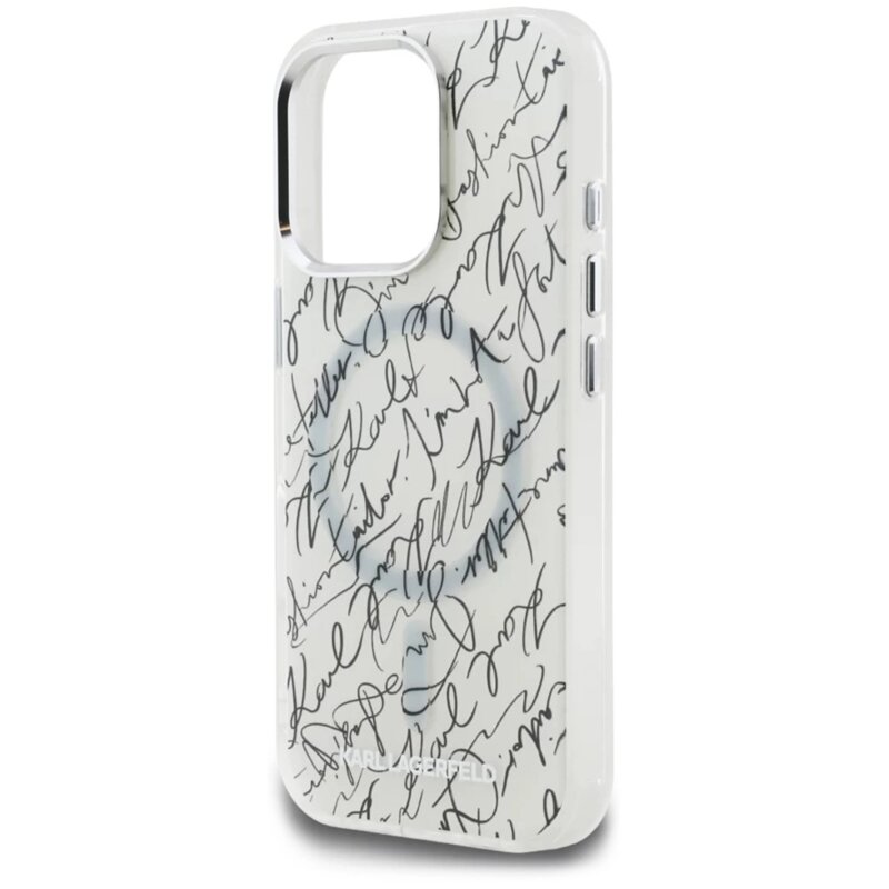 Husa iPhone 16 Pro Karl Lagerfeld IML MagSafe Karl Script Pattern, alb, KLHMP16LHMSPUSH