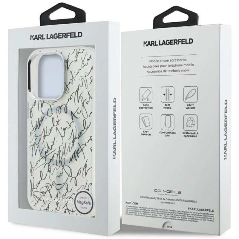 Husa iPhone 16 Pro Karl Lagerfeld IML MagSafe Karl Script Pattern, alb, KLHMP16LHMSPUSH
