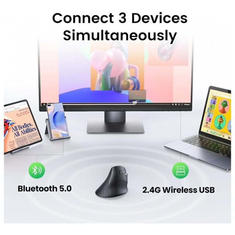 Mouse vertical wireless Bluetooth Ugreen, 4000DPI, negru, 25444