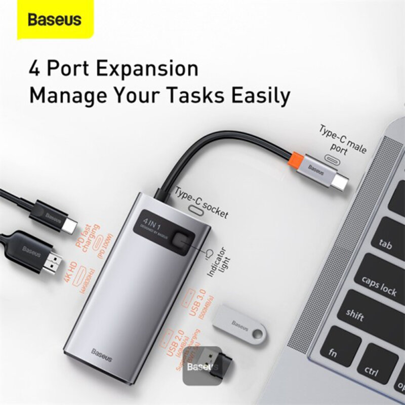 Dock USB-C Baseus la 2x USB, Type-C, HDMI, gri, CAHUB-CY0G