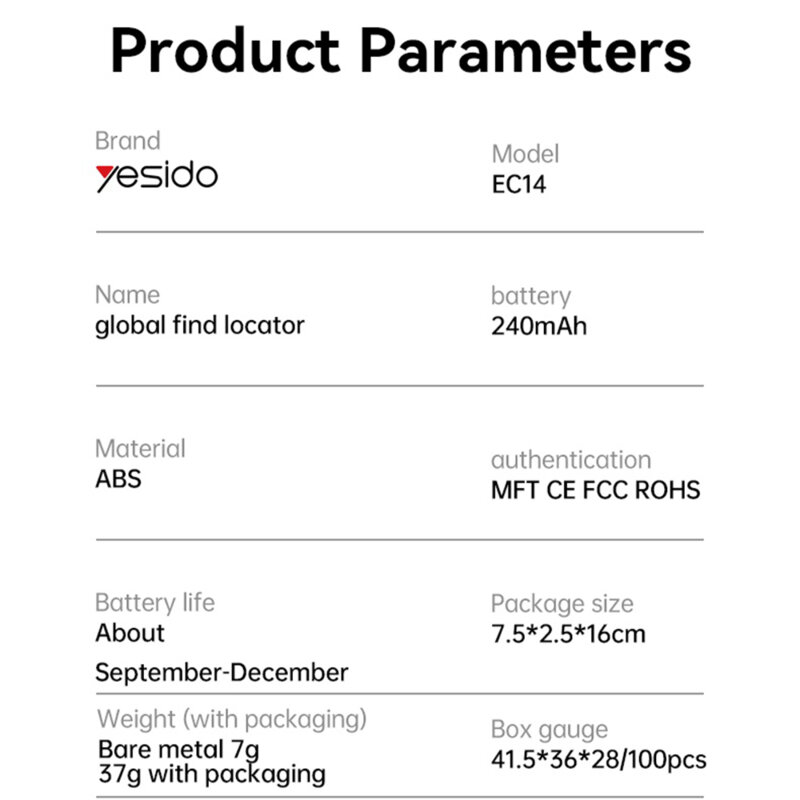 Breloc AirTag Yesido EC14, 240mAh, alb