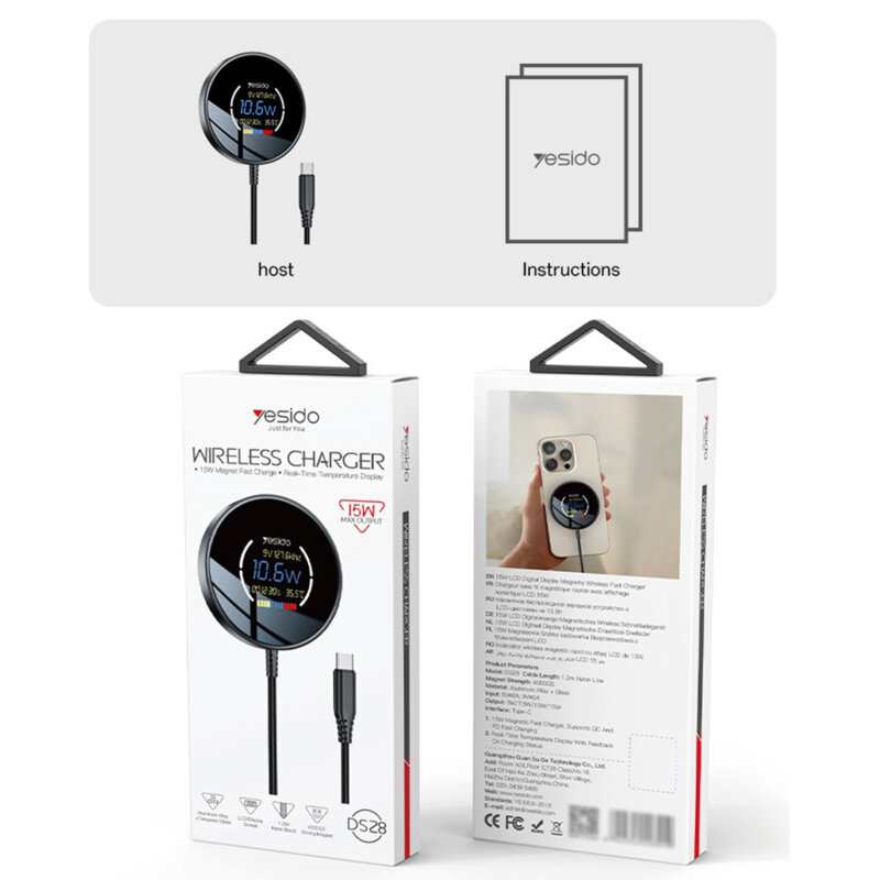Statie incarcare magnetica cu display Yesido DS28, 15W, alb