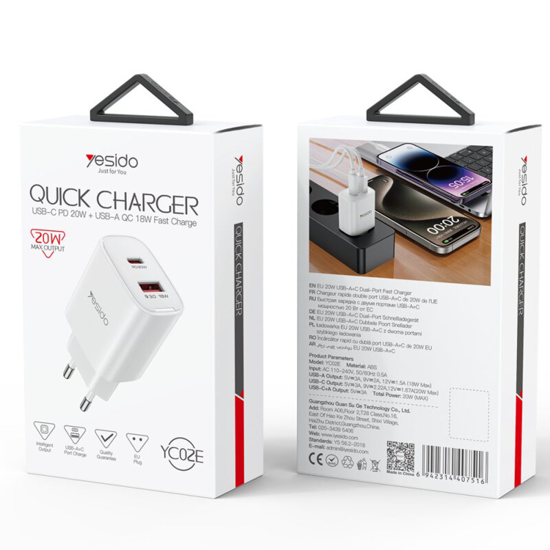Incarcator priza USB, tip C Quick Charge 20W Yesido, YC02E, alb