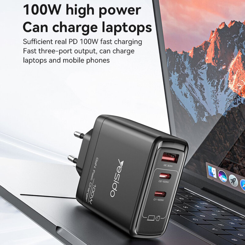 Incarcator GaN Fast Charge USB, 2x tip C 100W Yesido, YC142