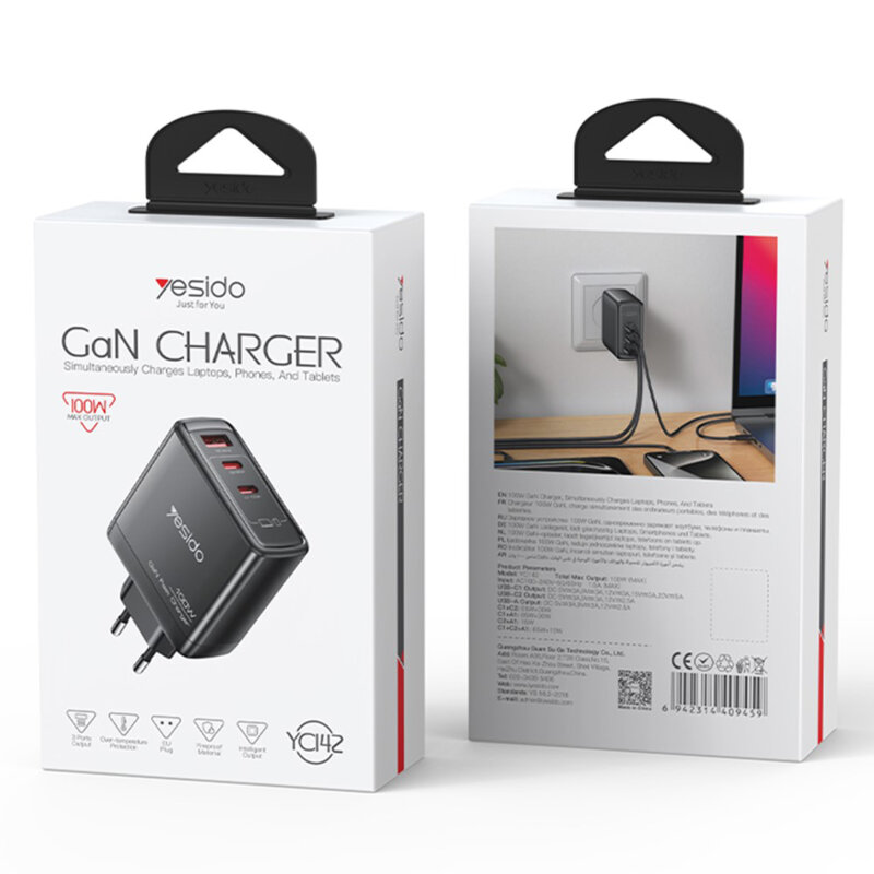 Incarcator GaN Fast Charge USB, 2x tip C 100W Yesido, YC142