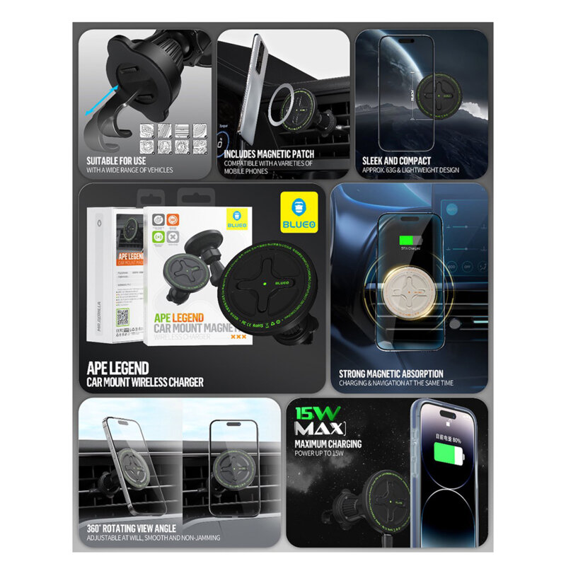 Suport auto cu incarcare wireless 15W Blueo, alb