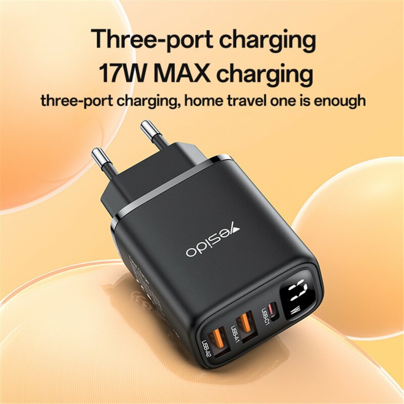 Incarcator priza USB, tip C 3in1 cu display Yesido, 17W, YC67