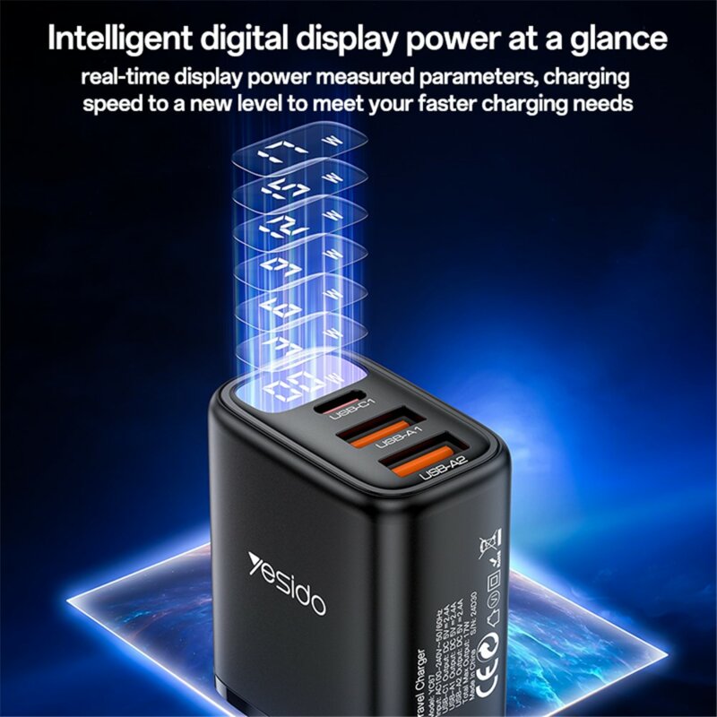 Incarcator priza USB, tip C 3in1 cu display Yesido, 17W, YC67