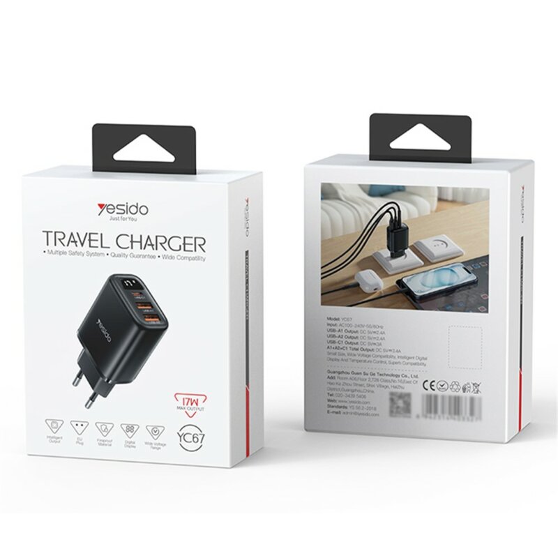 Incarcator priza USB, tip C 3in1 cu display Yesido, 17W, YC67