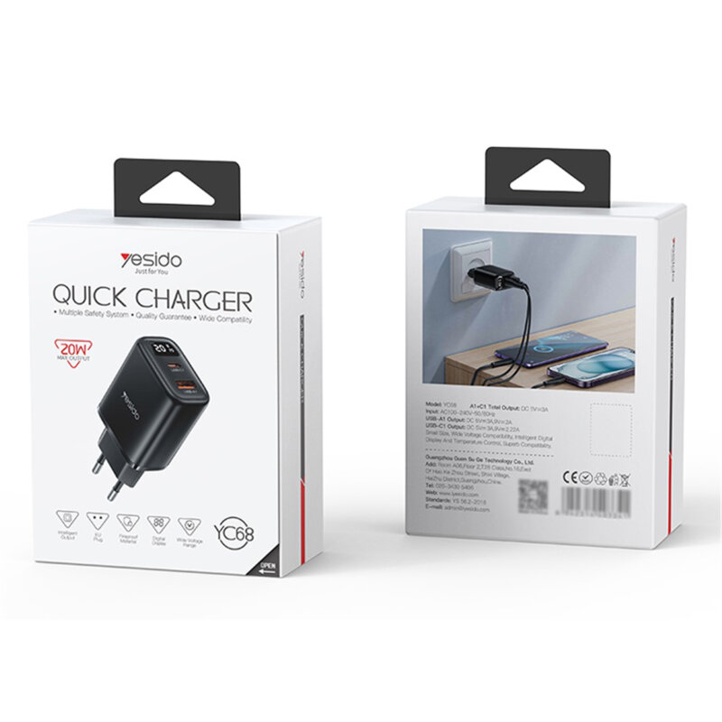 Incarcator retea USB, tip C cu display Yesido, 20W, YC68