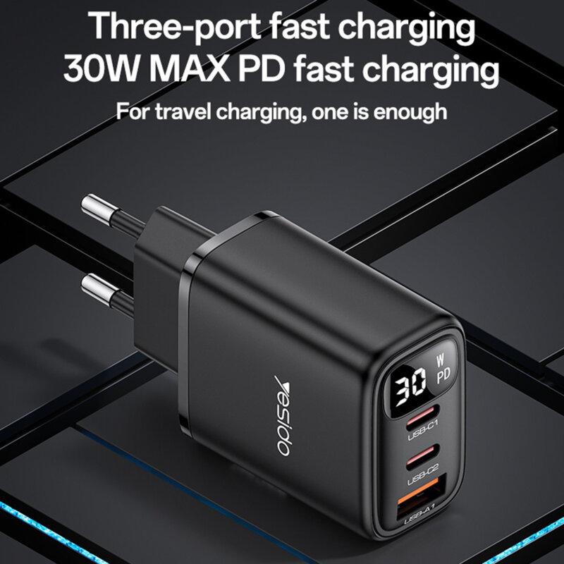 Incarcator priza USB, tip C 3in1 cu display Yesido, 30W, YC69