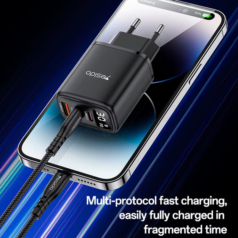 Incarcator priza USB, tip C 3in1 cu display Yesido, 30W, YC69