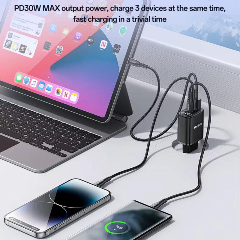 Incarcator priza USB, tip C 3in1 cu display Yesido, 30W, YC69