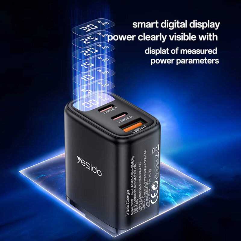Incarcator priza USB, tip C 3in1 cu display Yesido, 30W, YC69