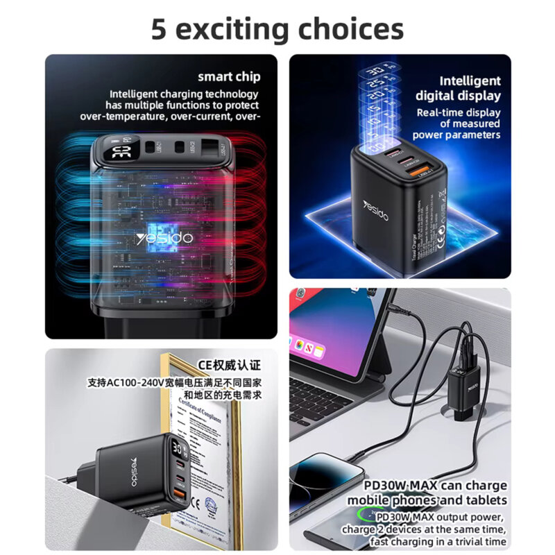 Incarcator priza USB, tip C 3in1 cu display Yesido, 30W, YC69