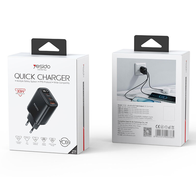 Incarcator priza USB, tip C 3in1 cu display Yesido, 30W, YC69
