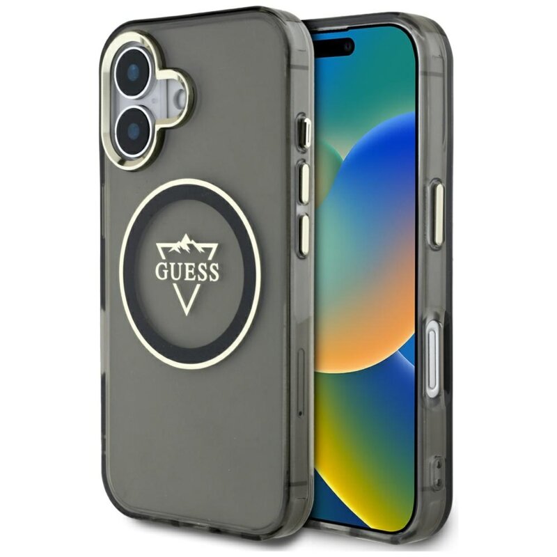 Husa iPhone 16 originala Guess IML Metal Mountain Logo MagSafe, negru, GUHMP16SHFGTMSLSK