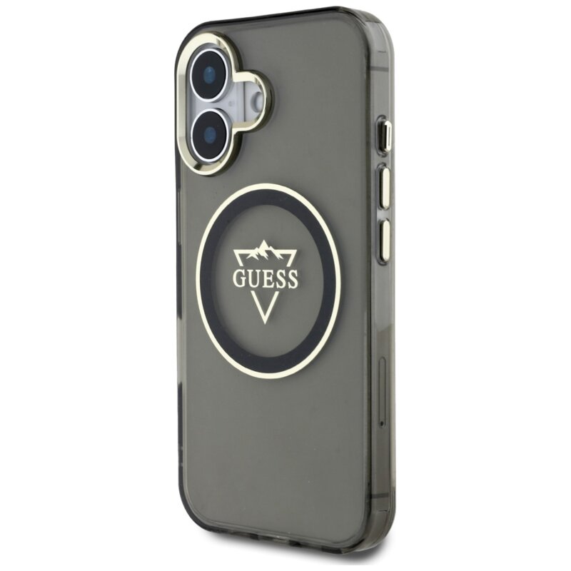 Husa iPhone 16 originala Guess IML Metal Mountain Logo MagSafe, negru, GUHMP16SHFGTMSLSK